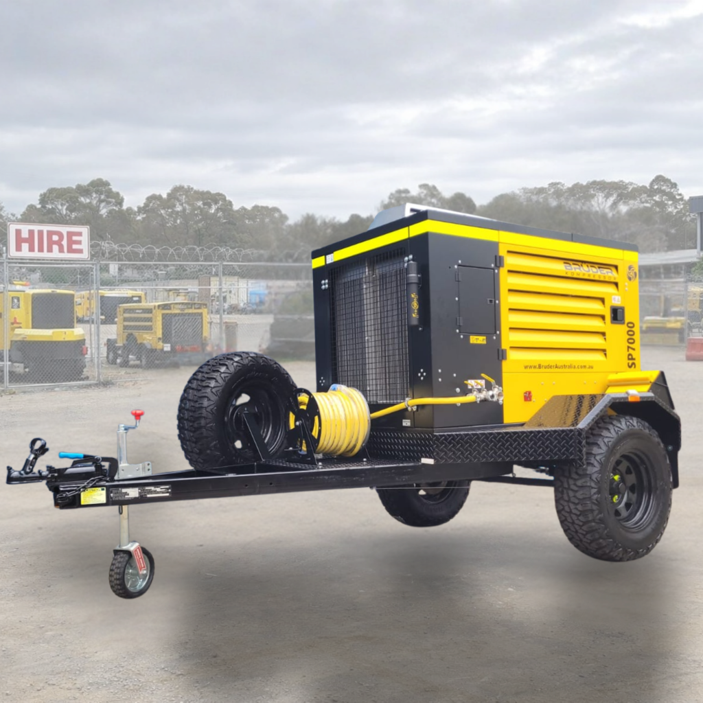 Brüder SP7000T heavy-duty trailer-mounted 250cfm diesel air compressor