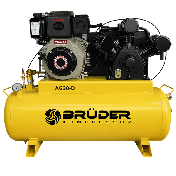 Brüder [AG30-D] 30cfm, 140PSI 7hp Yanmar Driven Piston on 100L tank with electric start