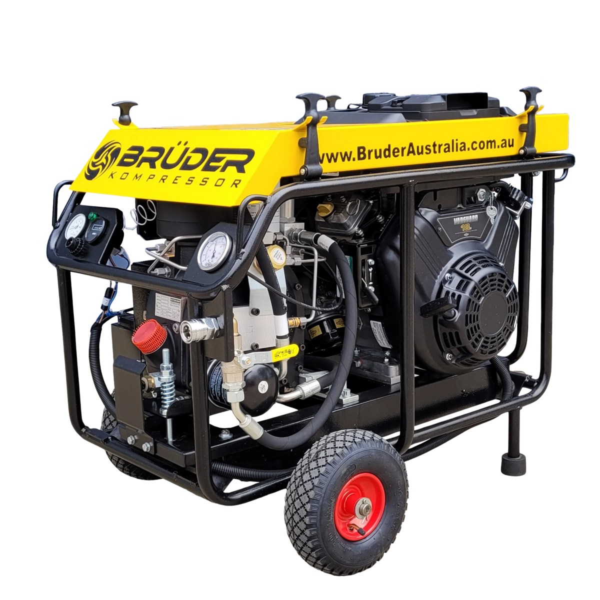 Brüder [GP47] 47cfm Rotary screw compressor, Petrol driven with wheeled transport frame